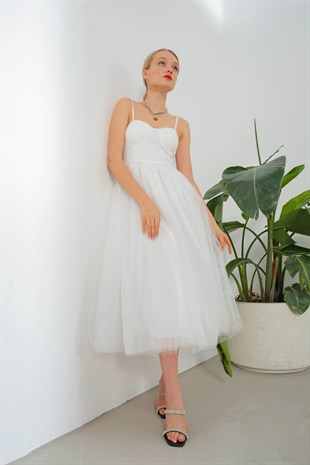 Kloş Prenses Elbise Beyaz